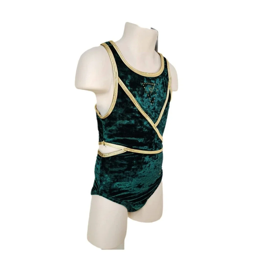 Satara Crushed Velvet Cutout Leotard Green Gold Bling Kids CS Elfcore Fairycore